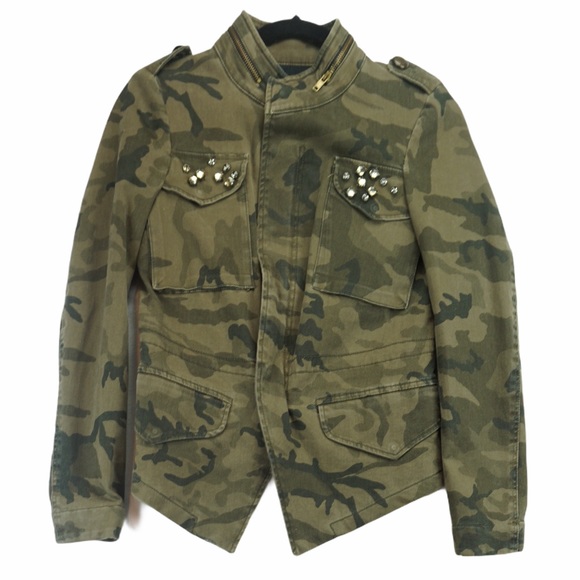 ✨Zara XS Camo Jean Jacket Rhinestones - Picture 1 of 4